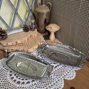 Set of 2 Vintage Silver-toned Serving Trays with Folding Handles, Made in Hong
